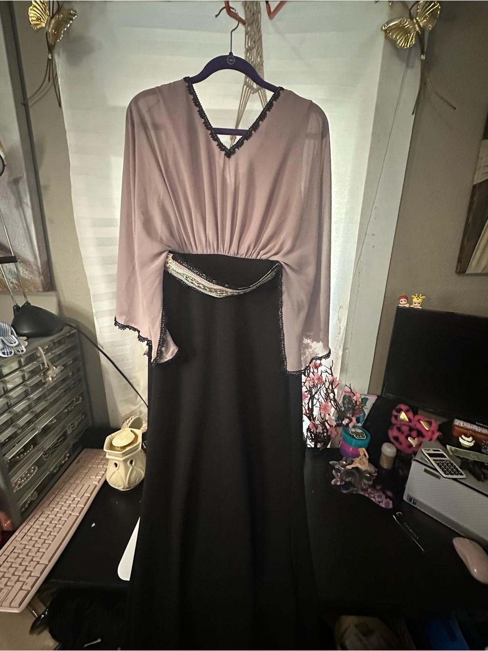 Two-Tone V-Neck Evening Gown in Taupe and Black
